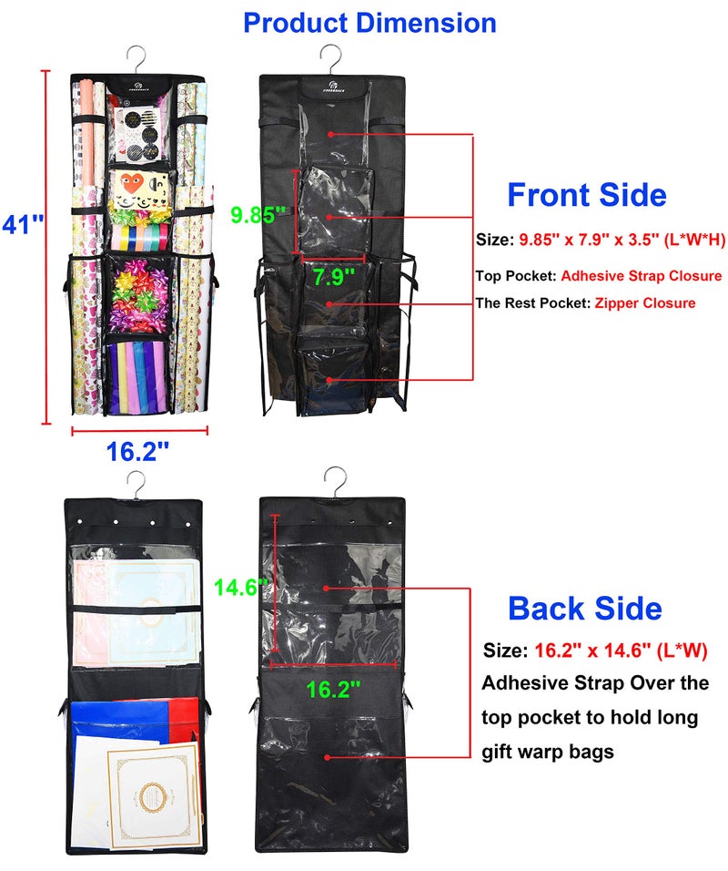 Freegrace Double Sided Hanging Gift Wrap Organizer | Large 16" x 41" Wrapping Paper Rolls Storage Bag | Tearproof & Space Saving Closet Gift Bag Organization Solution (Black) - Image 1